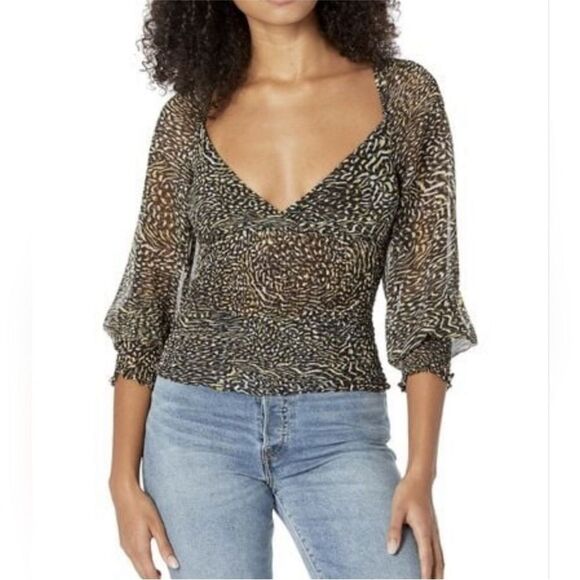 Steve Madden Animal Print Smocked Top Blouse Long Sleeve Gray Black Sz Small New - Picture 2 of 11